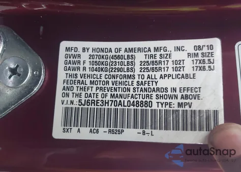 2010 Honda Cr-V Ex-L z USA, uszkodzony, nr VIN 5J6RE3H70AL048880